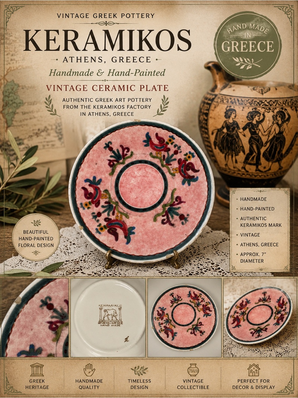 Vintage Keramikos Athens Greece Handmade & Hand-Painted Ceramic Plate Saucer